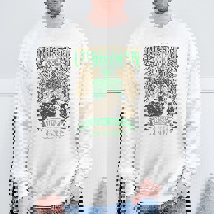 キリスト教バイカーライドウィズジーザスオートバイバックプリントデザイン スウェットシャツ 高齢者への贈り物