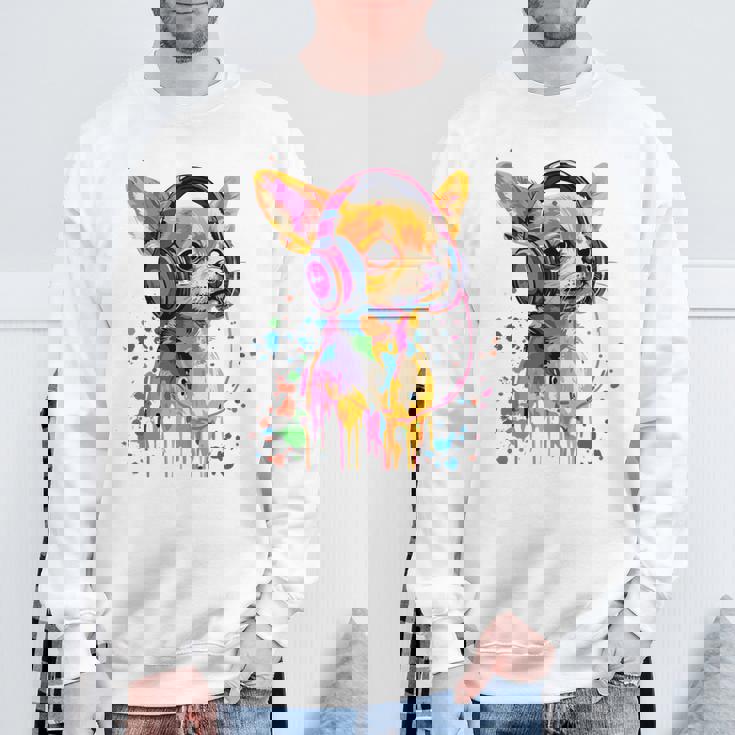 チワワの恋人 ポップアート ヘッドフォンを着て おもしろい チワワ 長袖tシャツ スウェットシャツ 高齢者への贈り物