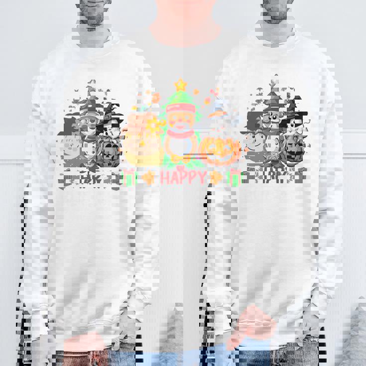 ハッピー、感謝祭、ハロウィン、メリークリスマス。 長袖tシャツ スウェットシャツ 高齢者への贈り物
