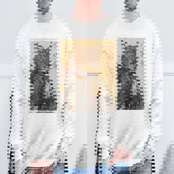 ヴィンテージ 日本の風景 侍 猫 漢字 Art Back スウェットシャツ 高齢者への贈り物