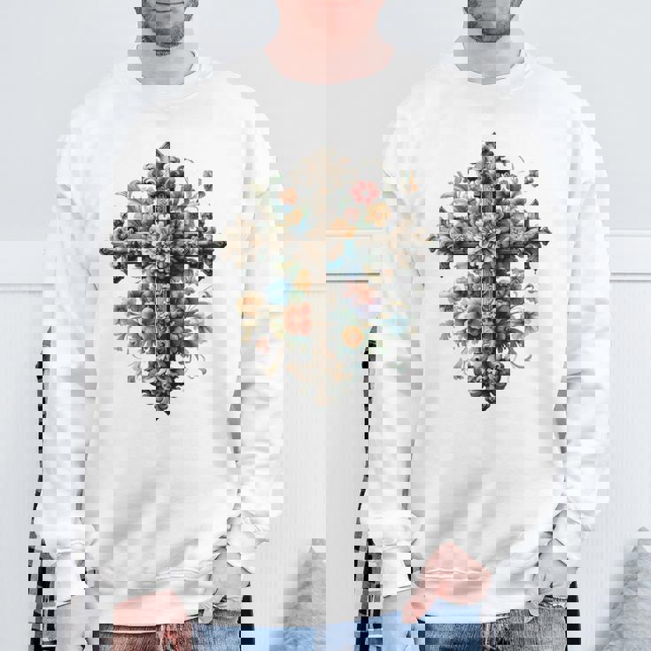 十字架 スピリチュアル キリスト 花 イエス 信仰 十字架 十字架 長袖tシャツ スウェットシャツ 高齢者への贈り物