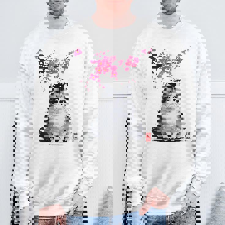 日本の墨絵マンチキン猫 桜 桜アート スウェットシャツ 高齢者への贈り物