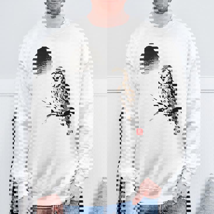 日本製 墨絵 ふくろう アート 墨筆 絵 漢字 知恵 – 日本文化デザイン スウェットシャツ 高齢者への贈り物