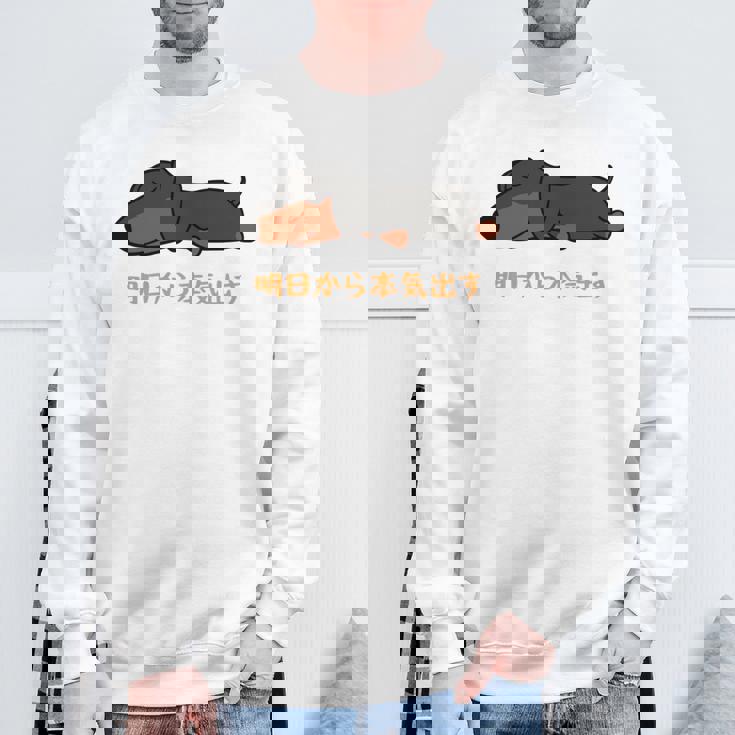 犬 おもしろ 明日から本気出す 可愛い ダックスフンド ミニチュアダックスフンド 長袖tシャツ スウェットシャツ 高齢者への贈り物
