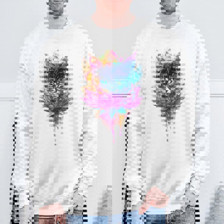 猫 花 カラフル かわいい アート 動物好き グラフィック 猫 スウェットシャツ 高齢者への贈り物