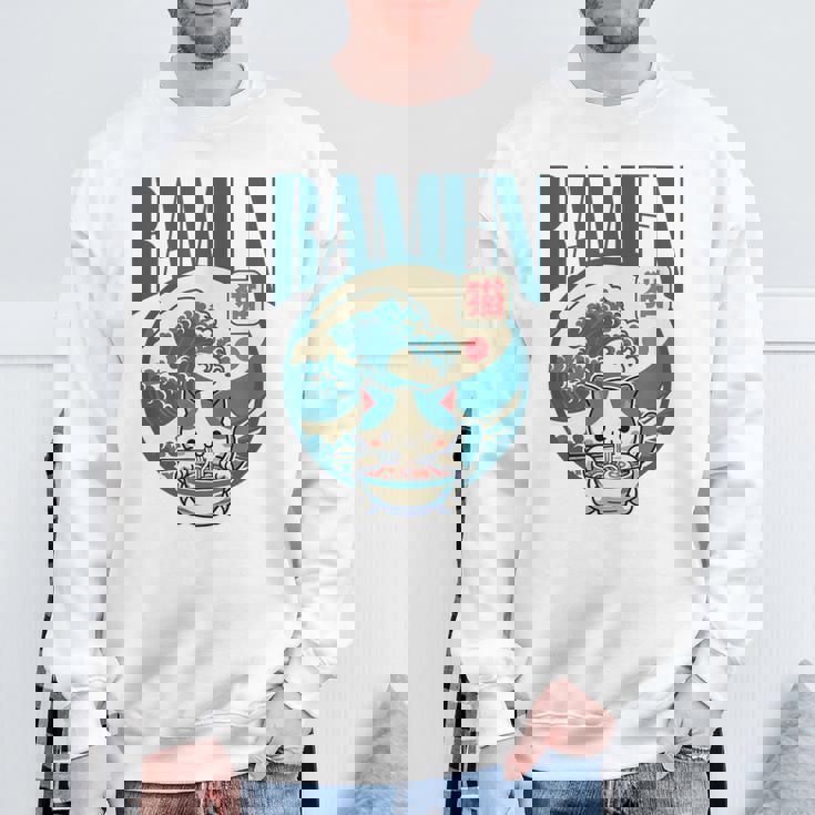 猫食べるラーメン キッズ&大人、日本の神奈川波ラーメン スウェットシャツ 高齢者への贈り物