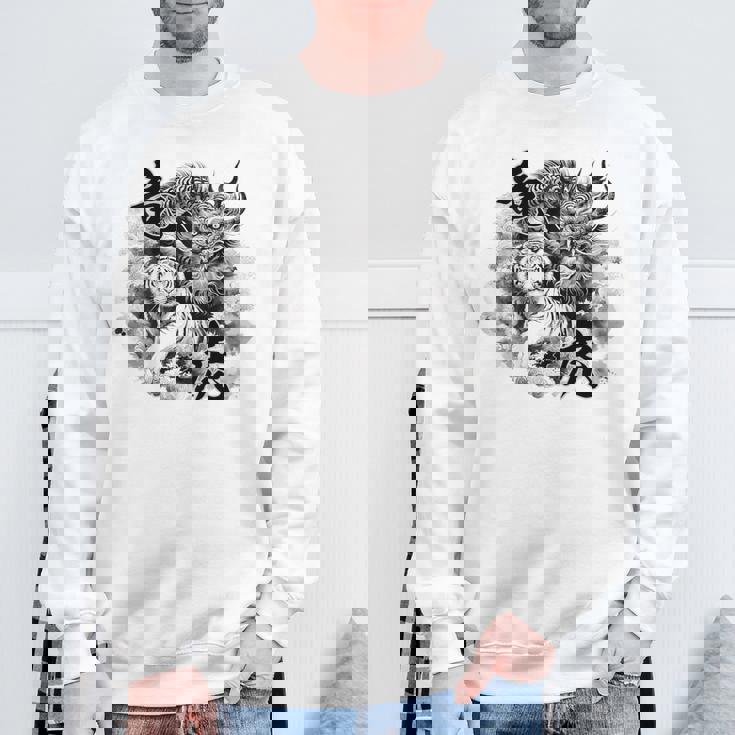 竜虎 墨絵 バックプリント スウェットシャツ 高齢者への贈り物