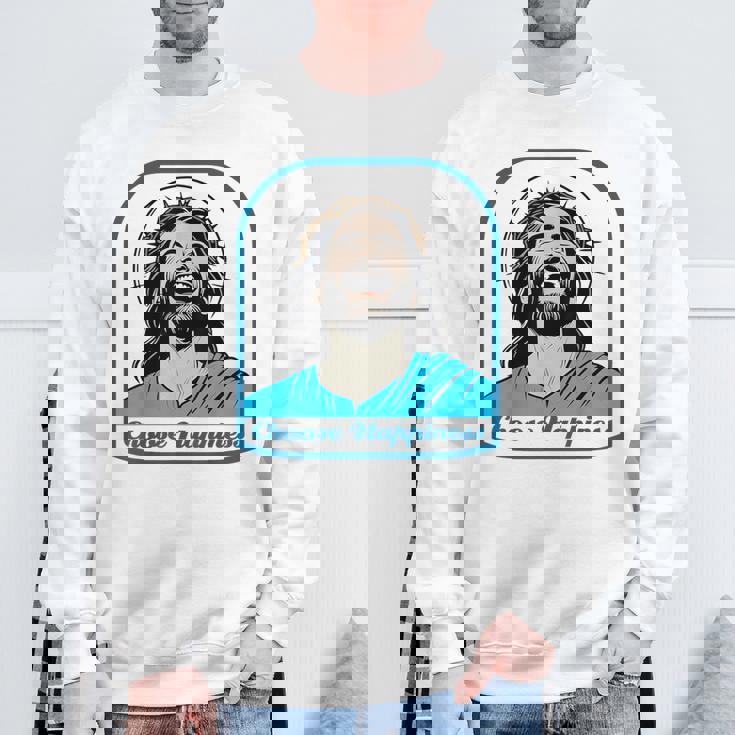 笑うイエス キリスト 喜び 幸せな笑顔 自信 いばらの冠 満足感 クリスマスプレゼント 贈り物 お土産 ポジティブ スウェットシャツ 高齢者への贈り物