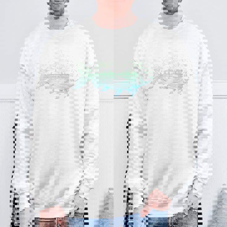 背中 山から形をした涼しい魚 自然 情景 釣り スウェットシャツ 高齢者への贈り物