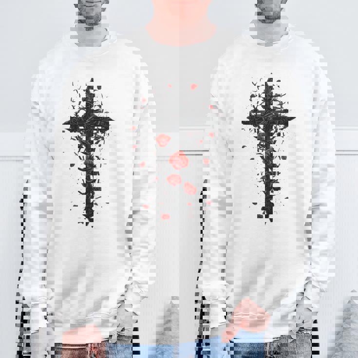 赤いバラのゴシック・クロス 長袖tシャツ スウェットシャツ 高齢者への贈り物