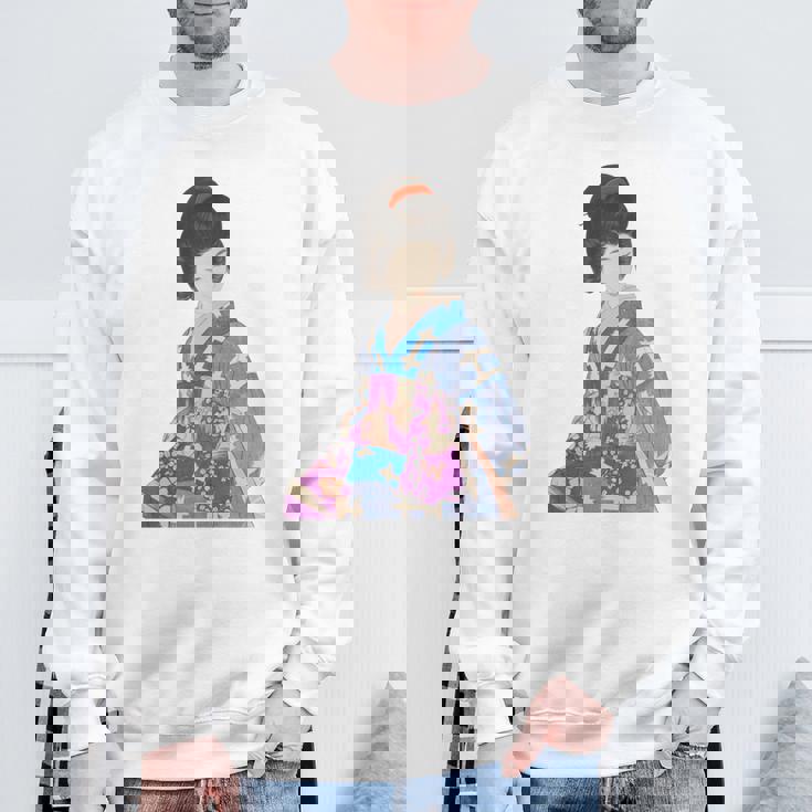 青い着物を着た美しい芸者 日本画 鳥居 言人 帯 美人画 新版画 日本画 長袖tシャツ スウェットシャツ 高齢者への贈り物