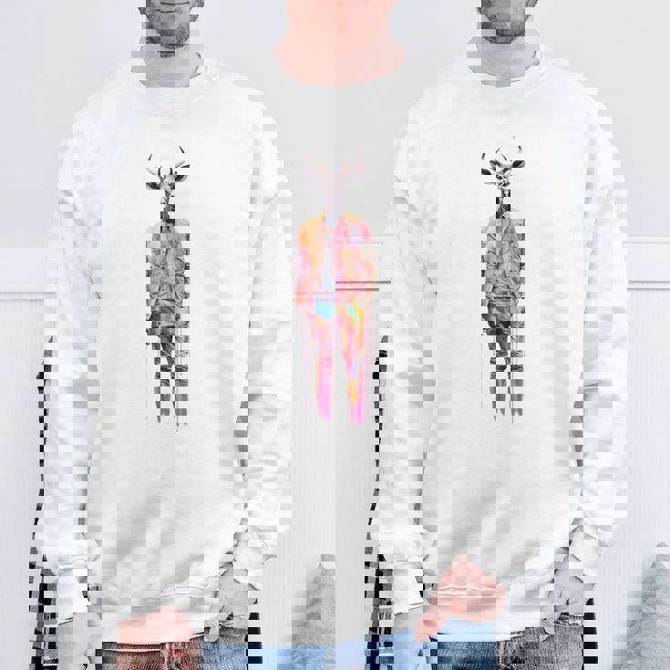 鹿 人間 アート カラフル 動物 絵画 グラフィック 鹿 スウェットシャツ 高齢者への贈り物