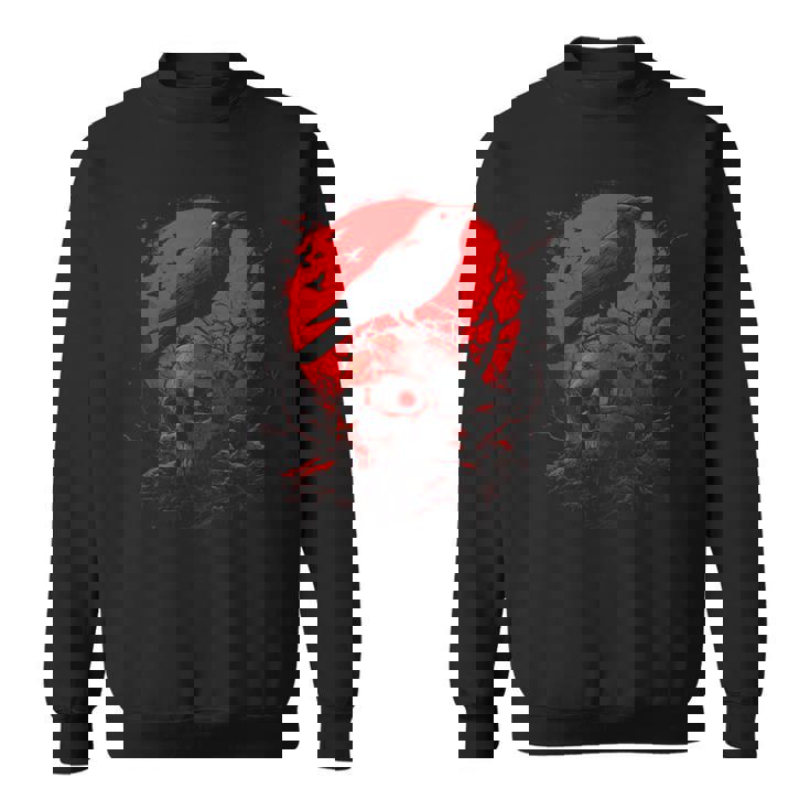Black Gothic Raven Skull Red Moon Graphic Black Crow Sweatshirt