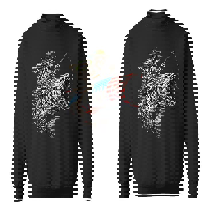 Fishing American Flag Bass Fish Skull Skeleton Fisherman Sweatshirt