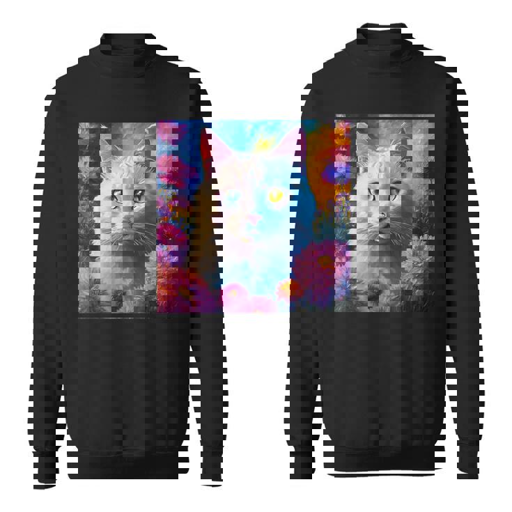 「お花畑のルディ猫」 油絵風ファンタジーアート 綺麗 かわいい オッドアイ リアル スウェットシャツ