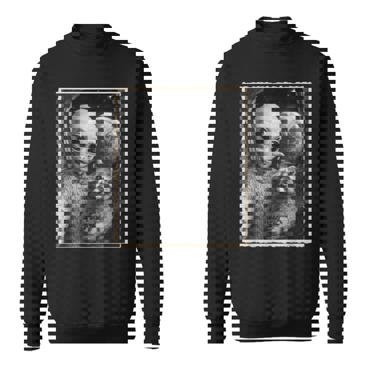 アライグマとエイリアンセルフィー、Ufo&地球写真、面白いエイリアン スウェットシャツ