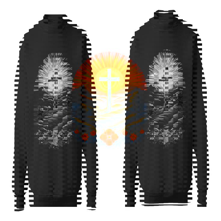 イースターデー クロスフラワー サンセット クリスチャン イースター スウェットシャツ
