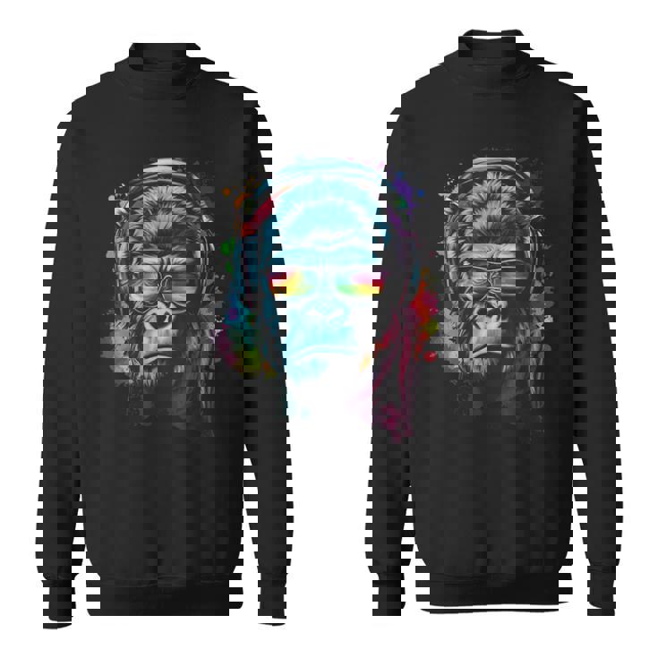 カラフルなゴリラとヘッドフォン レインボー バイブス エイプ モチーフ スウェットシャツ