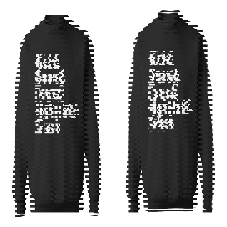 キック&スネア&トムズ&ハイハット&クラッシュドラムセットテキスト スウェットシャツ