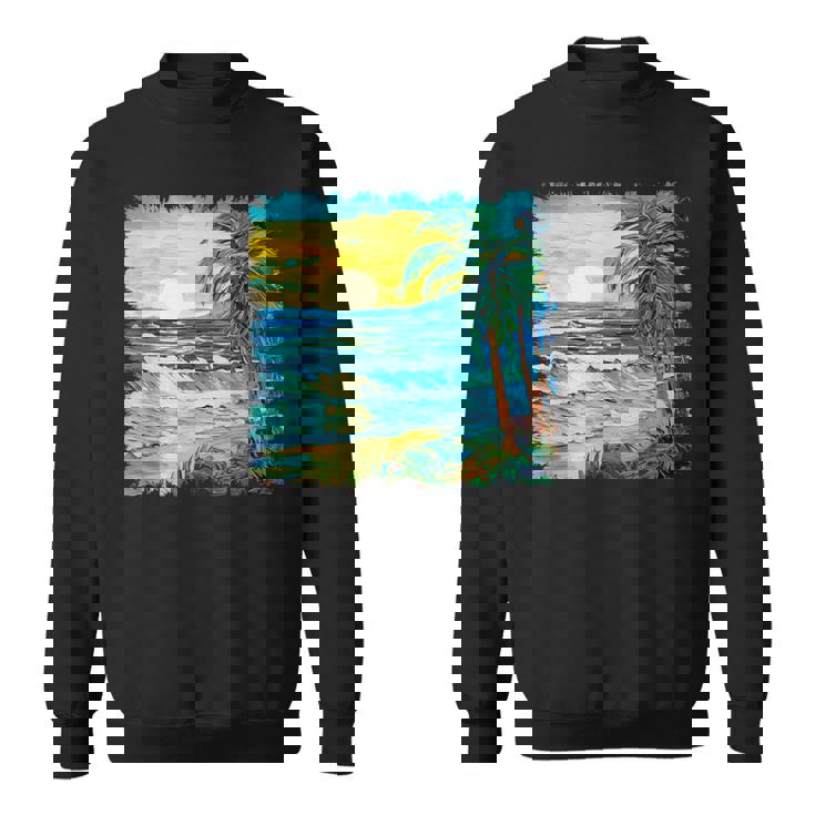 トロピカルビーチ 太陽 オーシャン ヤシの木 ゴッホスタイル アートデザイン スウェットシャツ