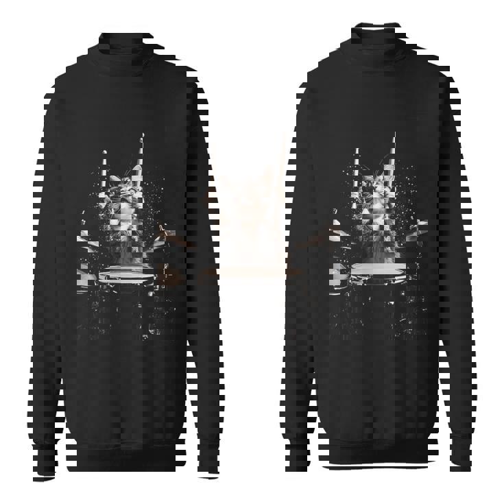 ドラムを叩く猫 面白い猫 ドラマー メンズ 半袖 おもしろ スウェットシャツ