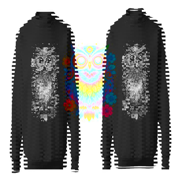 フクロウと花 カラフルなアートワーク フクロウの恋人 スウェットシャツ