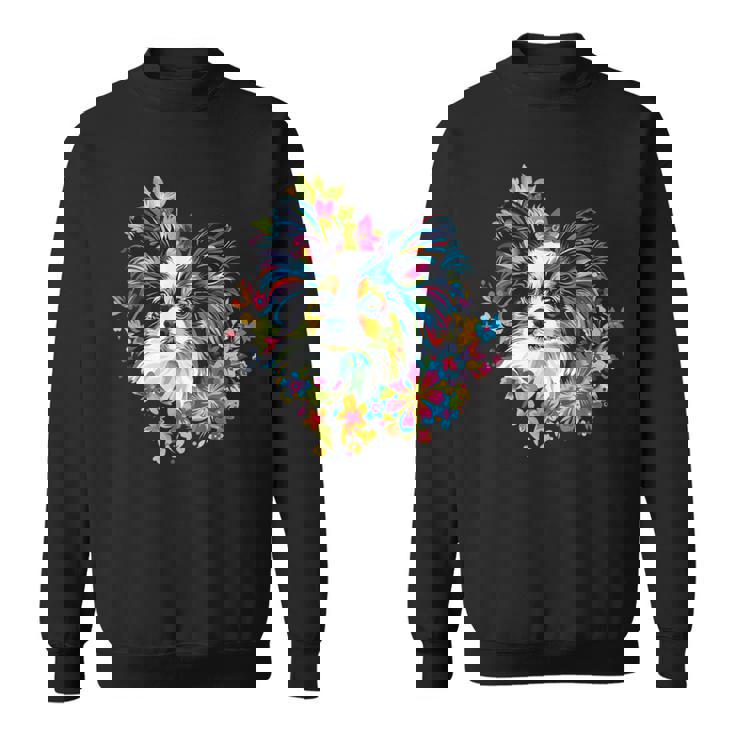 フローラル・ポップ・アート カラフルなパピヨン スウェットシャツ