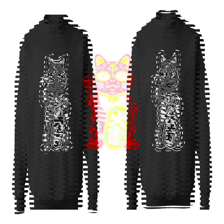 メキシコ 死者の日 と 招き猫 ネコ を組合わせた シュガー スカル キャット 赤 レッド 大吉 猫好き ねこマニア スウェットシャツ