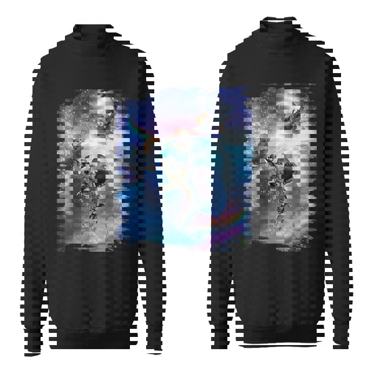 レインボーギャラクシー 宇宙に乗るサメに乗る猫 スウェットシャツ