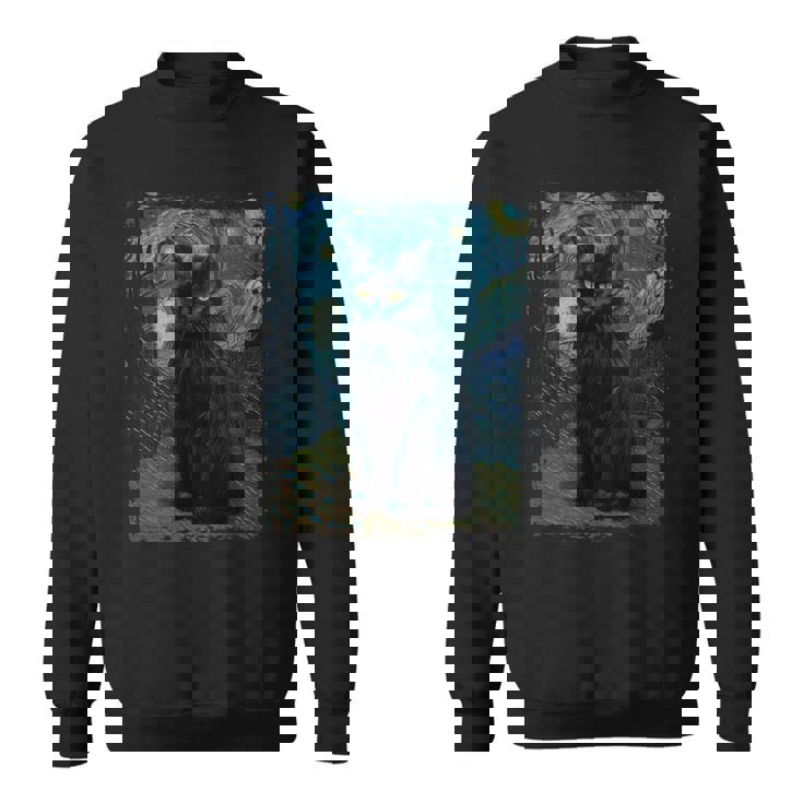 星月夜 ヴィンセント・ヴァン・ゴッホ 黒猫 レトロ絵画 猫 長袖tシャツ スウェットシャツ