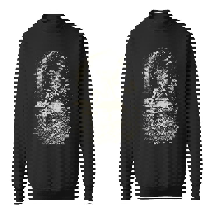 月と星の下のキノコに座る妖精 スウェットシャツ