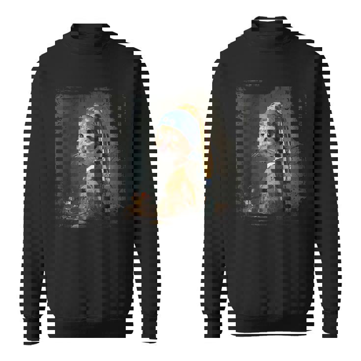 真珠のイヤリングを持つ少女 猫 パロディアート 面白い ヤン・フェルメール スウェットシャツ