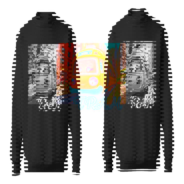 路面電車 Tram かわいい乗り物 おもちゃの乗り物 漫画風電車 鉄道ファン 鉄道旅行 鉄道模型ファン 鉄道風景 スウェットシャツ