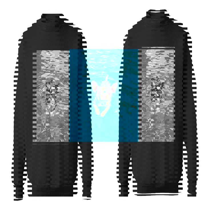 面白いボストンテリア プールで泳ぐ かわいい犬 ママ お父さん スウェットシャツ