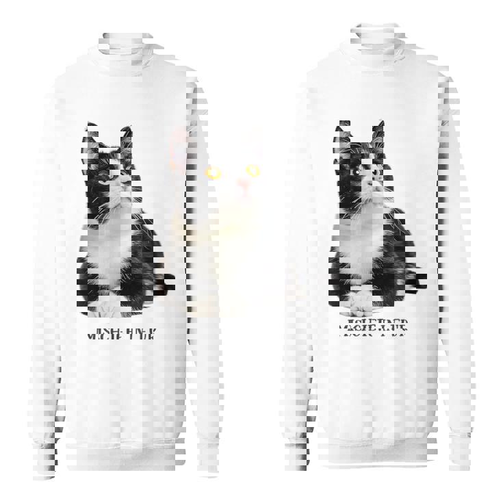 Mischief In Fur 猫写真 ハチワレ猫 黒白猫 猫好き ネタ 猫しもべ 猫飼い 猫依存症 スウェットシャツ