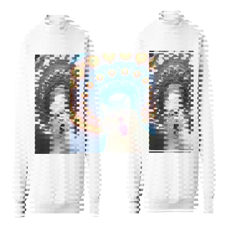 Ufo エイリアンフライングソーサー付き面白い白猫愛好家セルフィー 長袖tシャツ スウェットシャツ
