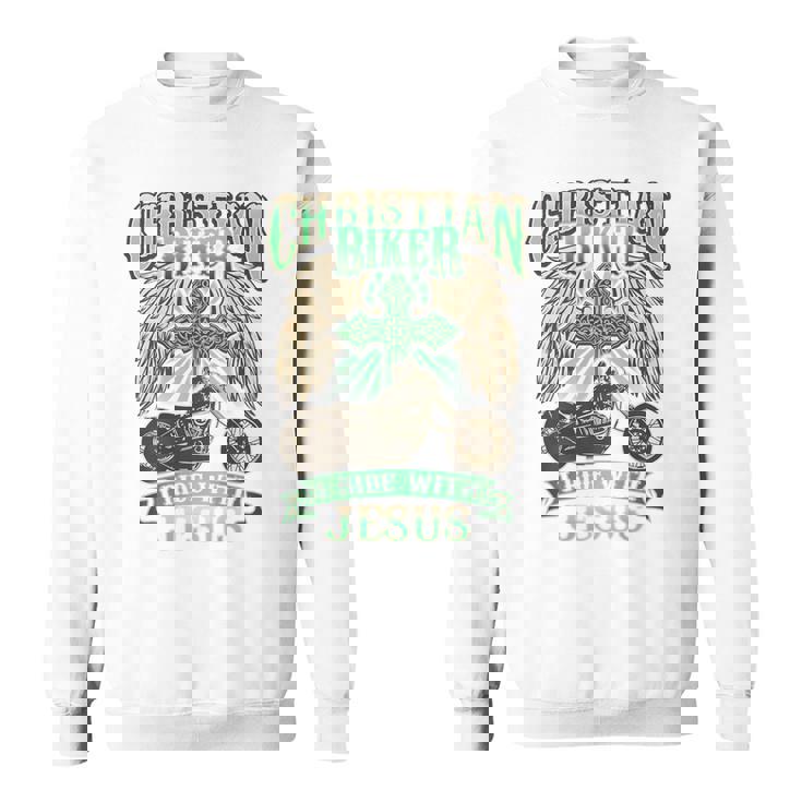 キリスト教バイカーライドウィズジーザスオートバイバックプリントデザイン スウェットシャツ