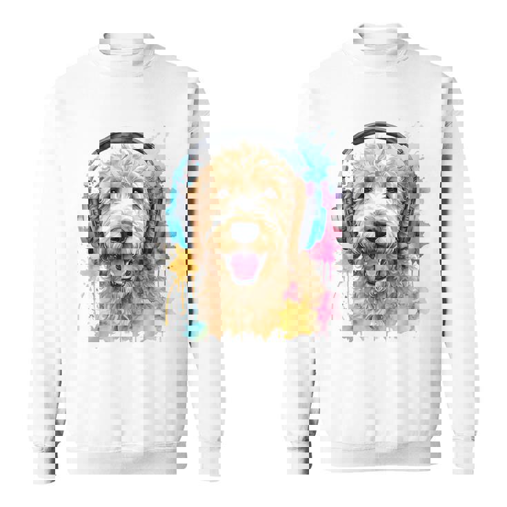 ゴールデンドゥードル、ヘッドフォン、犬、動物プリント スウェットシャツ