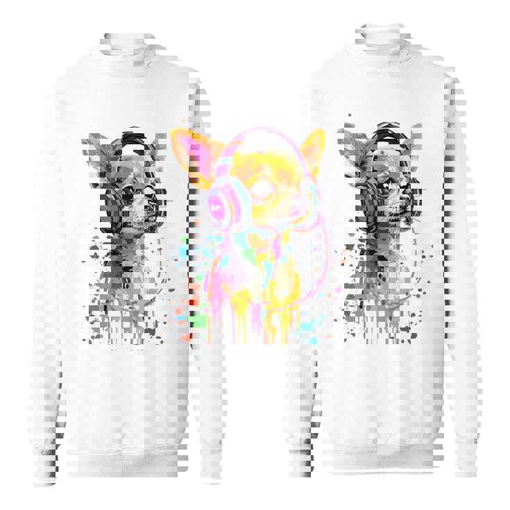 チワワの恋人 ポップアート ヘッドフォンを着て おもしろい チワワ 長袖tシャツ スウェットシャツ