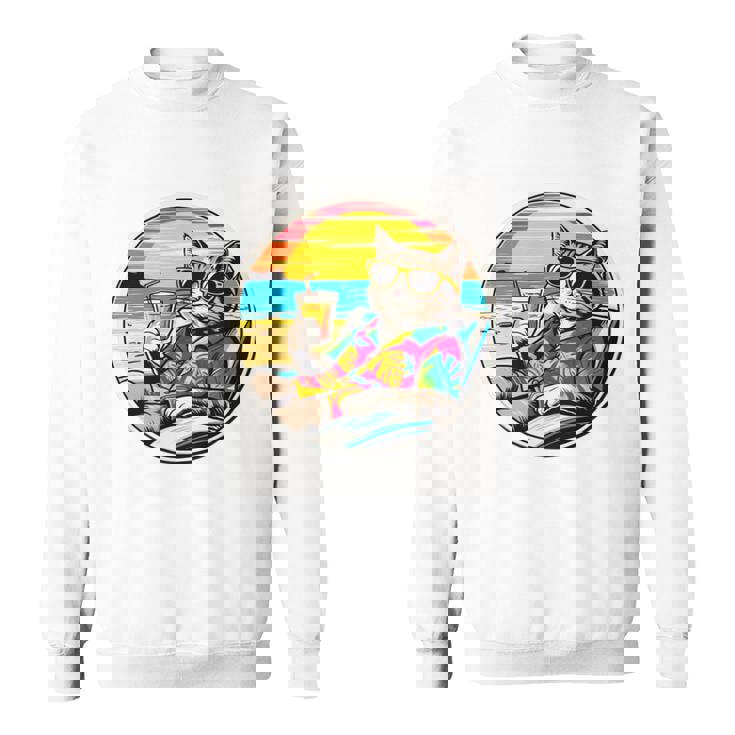 ビーチでドリンクを飲みながらリラックスできるレトロなヴィンテージクールな猫 長袖tシャツ スウェットシャツ