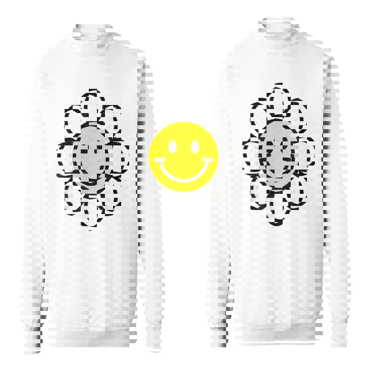 レトロ ヴィンテージ イエロー ハッピー スマイル スマイル フェイス デイジーフラワー スウェットシャツ