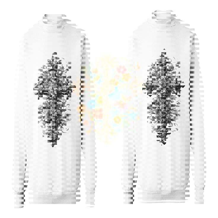 十字架 スピリチュアル キリスト 花 イエス 信仰 十字架 十字架 長袖tシャツ スウェットシャツ