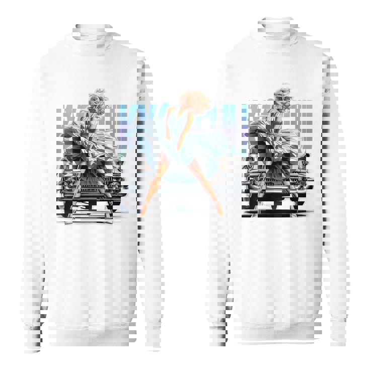 強風ピンナップガールとオールドアメ車のバックプリント スウェットシャツ