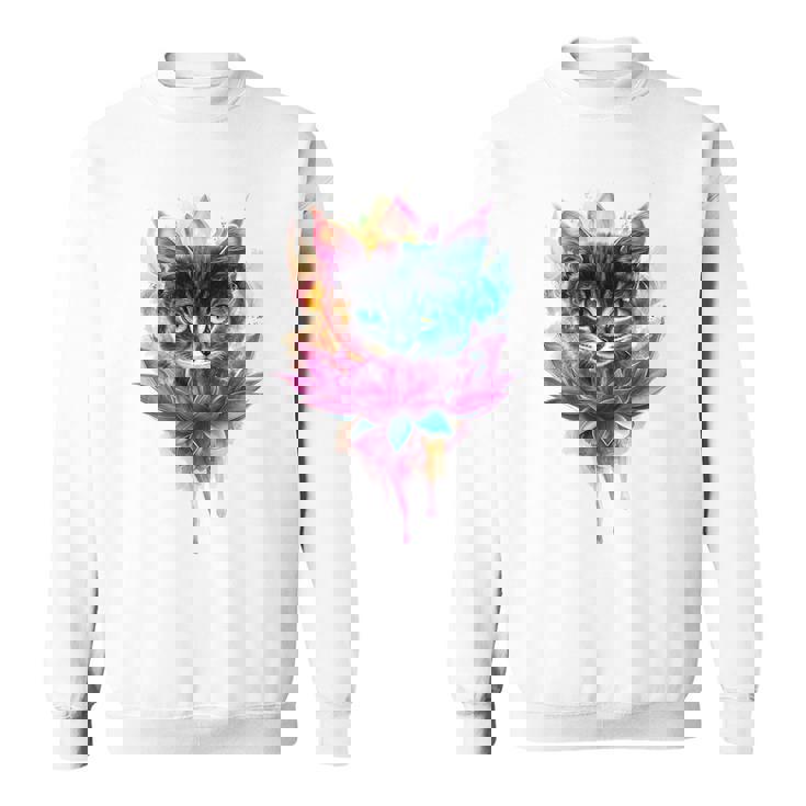 猫 花 カラフル かわいい アート 動物好き グラフィック 猫 スウェットシャツ