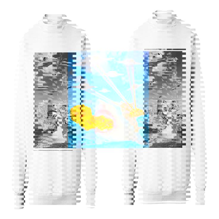 猫に乗って火を吐くサメレインボーレーザータコス 長袖tシャツ スウェットシャツ