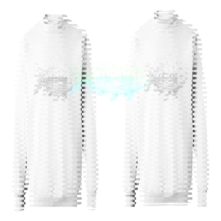 背中 山から形をした涼しい魚 自然 情景 釣り スウェットシャツ