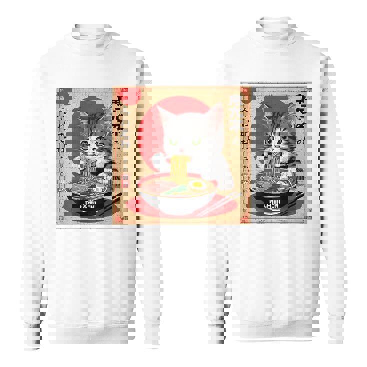 背中にラーメンを食べる緑色の目を持つ日本猫のデザイン。 スウェットシャツ