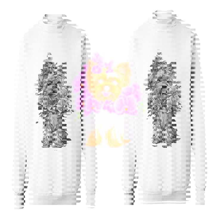 花を持つヨークシャー テリア 長袖tシャツ スウェットシャツ