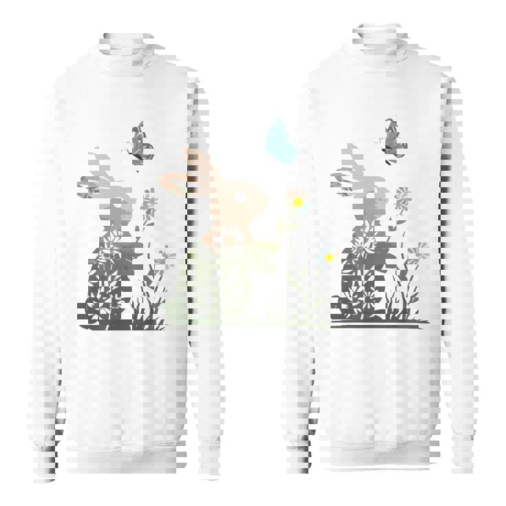 蝶のイースターとデイジーを保持している甘いウサギのウサギ 長袖tシャツ スウェットシャツ