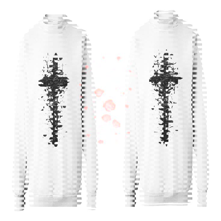 赤いバラのゴシック・クロス 長袖tシャツ スウェットシャツ